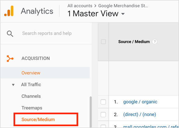 Åbn Google Analytics, og gå til Acquisition> All Traffic> Source / Medium.