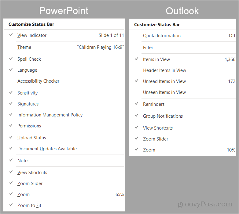 Indstillinger for PowerPoint og Outlook-statuslinje