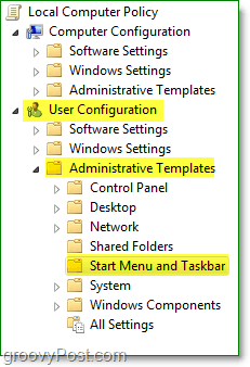 i Windows 7-lokalgruppolitikkens vindue skal du gennemse til brugerkonfiguration, administrative skabeloner og derefter starte menu og proceslinje