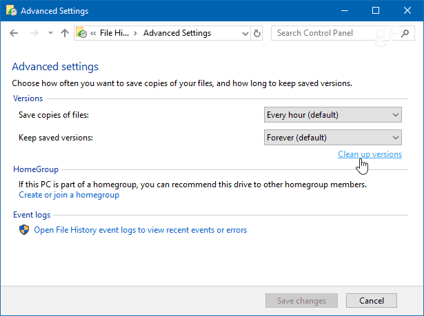 Ryd op versioner Windows 10 filhistorik