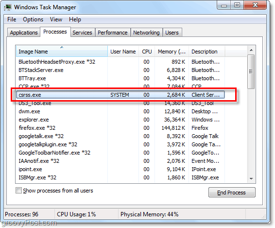 csrss.exe som det ses i windows 7 task manager