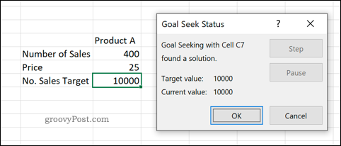 En forhåndsvisning af målsøge-værktøjet i Excel