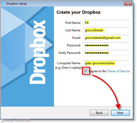 Dropbox-skærmbillede - indtast dine kontooplysninger