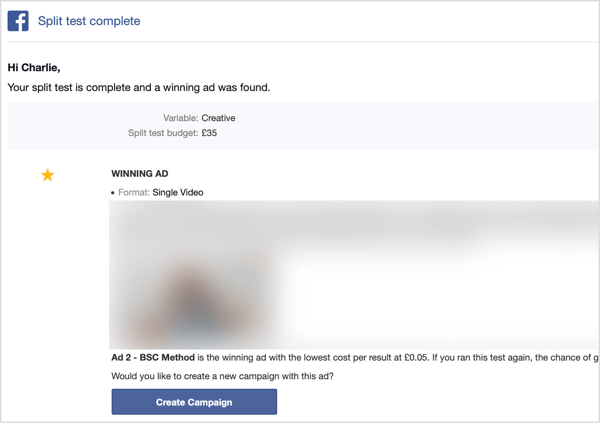 Du modtager en e-mail, når din Facebook-split test er gennemført.