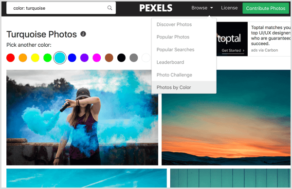 Pexels sorterer fotos efter farve
