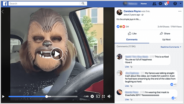 Candace Payne gik live på Facebook i en Chewbacca-maske fra Kohls parkeringsplads. På det tidspunkt, hvor dette skærmbillede blev taget, havde hendes video 3,4 millioner delinger og 174 millioner visninger.