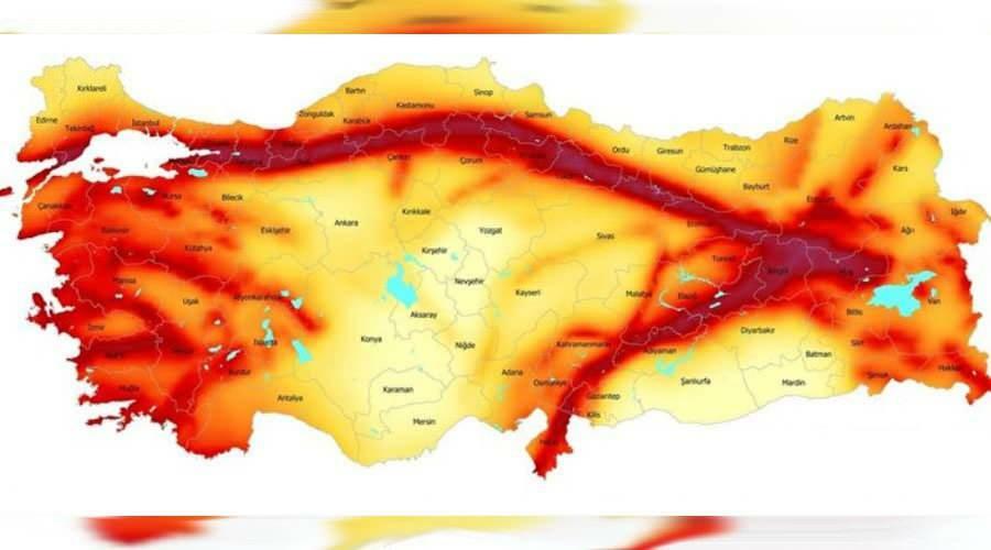 Kort over jordskælvet i Tyrkiet