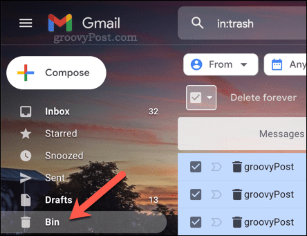 Åbning af papirkurven (Bin)-mappen i Gmail