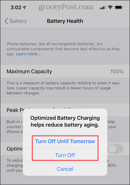 Sluk for muligheder for optimeret batteriopladning på iPhone