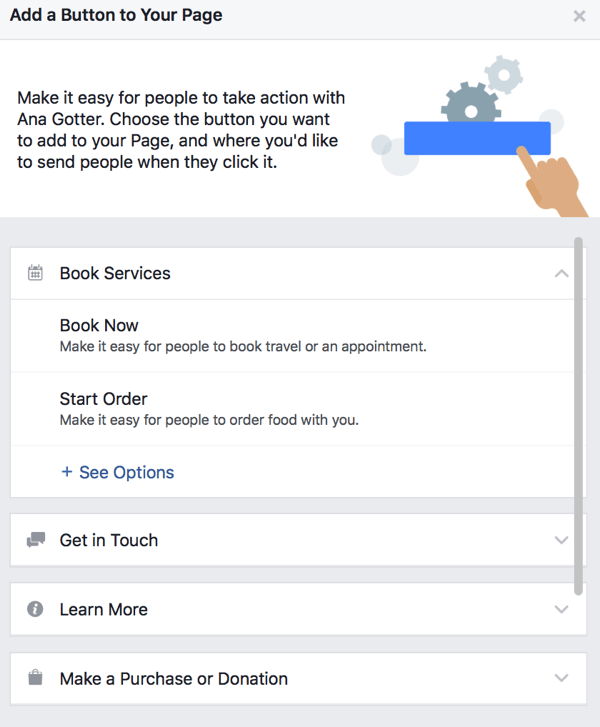 Du kan vælge mellem et stort antal CTA-knapper til din Facebook-side.