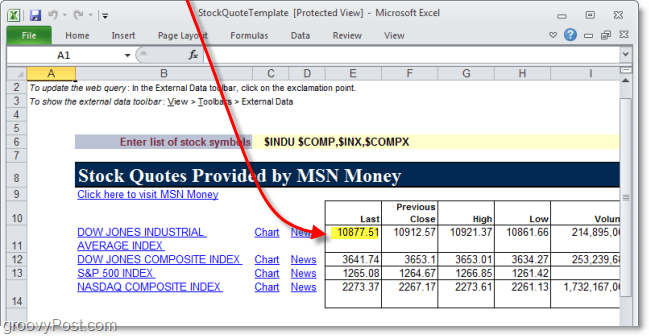 Brug webdata i Excel 2010 til at spore aktiekurser