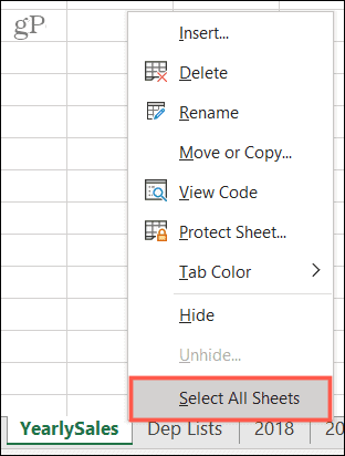 Vælg Alle ark i Excel