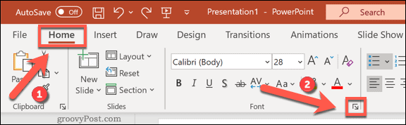 Adgang til menuen Skrifttyper i PowerPoint i Windows