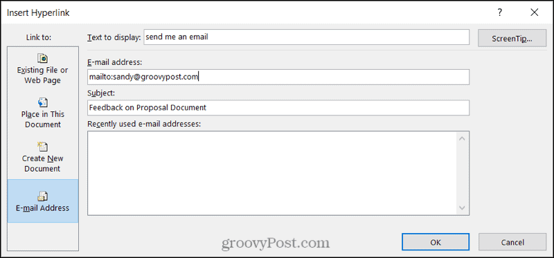 Link til en e-mail i Word på Windows