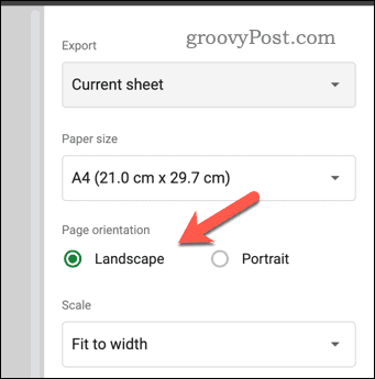 Indstil sideretning i Google Sheets-udskriftseksempel