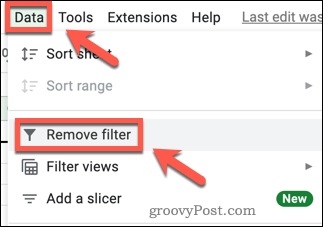 Fjernelse af et filter i Google Sheets