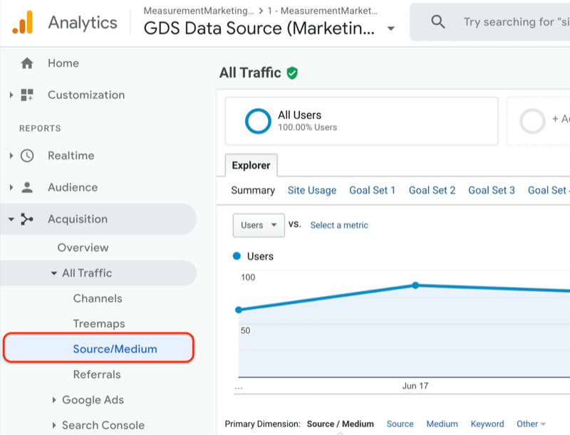 google analytics-menu, der viser kilde / medium-rapporten under al trafik under erhvervelse