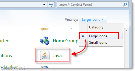 Skærmbillede: Windows 7 Kontrolpanel Start Java