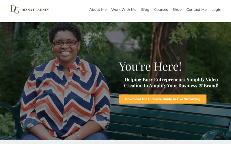 skærmbillede af diana gladneys hjemmeside og fremhæver hendes ønske om at hjælpe travle iværksættere med at forenkle oprettelse af video