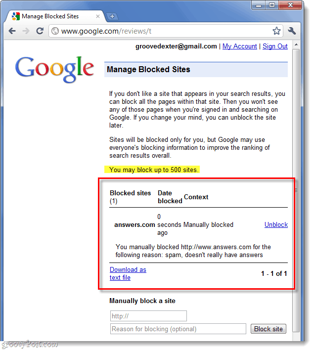 liste over dine Google-blokerede websteder