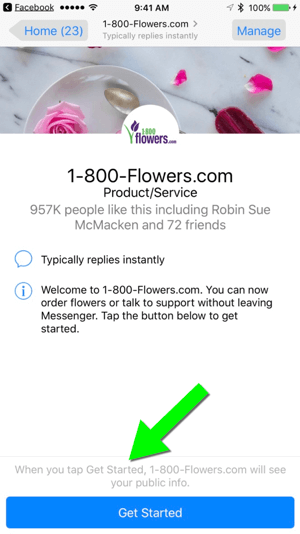 At sende en besked til 1-800-Flowers.com via deres Facebook-side gør det let for brugerne at blive kunder.