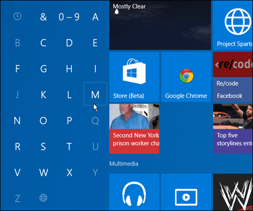 Søg efter apps første bogstav Windows 10