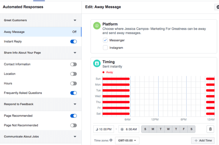 skærmbillede af Timing-indstillinger for Facebook Messenger væk besked automatiseret svar
