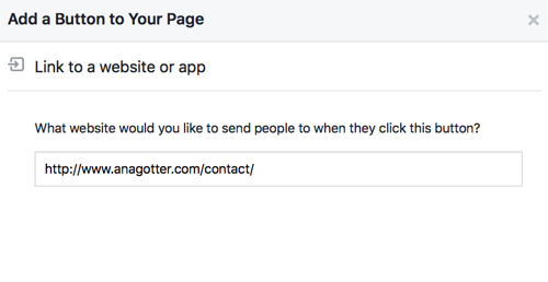 Afslut opsætningen af ​​din Facebook CTA-knap med links eller kontaktoplysninger, så den er fuldt funktionel.