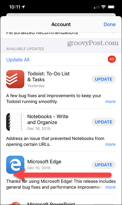 Træk appen til venstre på listen over iPhone-opdateringer