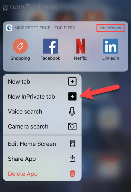 Vælg Ny InPrivate-fane fra Edge-ikonet i iOS
