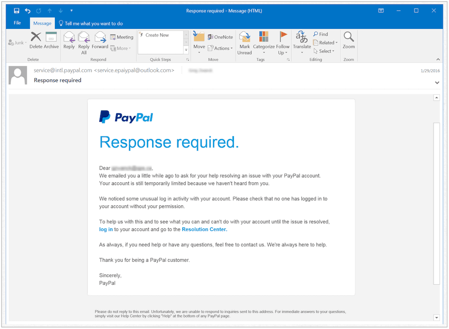 PayPal falsk meddelelse