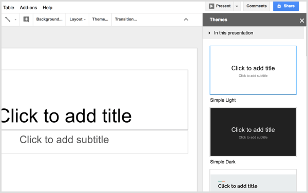 Google Slides vælger tema