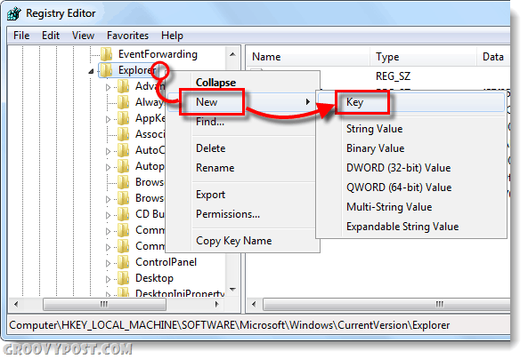 ny nøgle i Windows 7-registreringsdatabasen