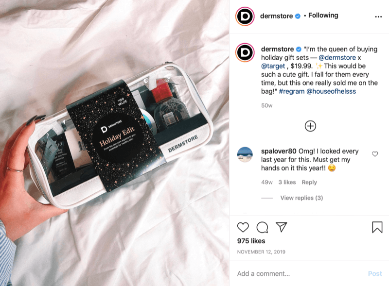 eksempel på en sæsonbestemt gave @dermstore fundet og delt via instagram-indlæg med bemærkning om salgspris og tagging af @target hvor salget finder sted