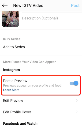 instagram igtv nye videomenumuligheder med posten en forhåndsvisning er aktiveret