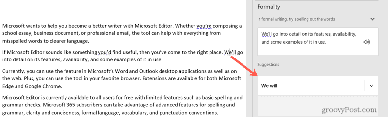 Microsoft Editor-forslag