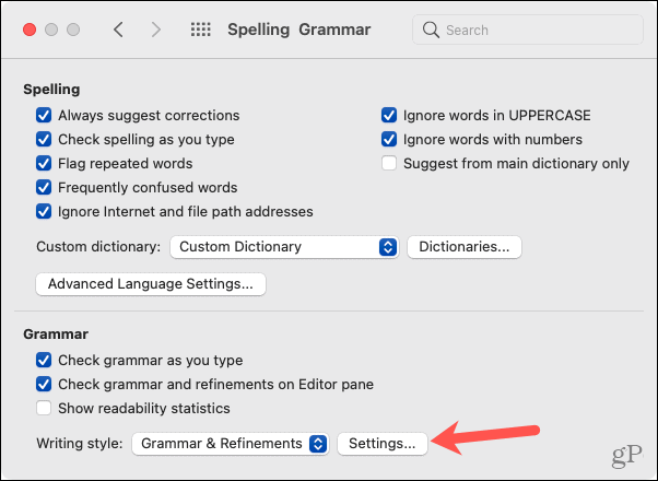Mac Word -indstillinger, grammatikindstillinger