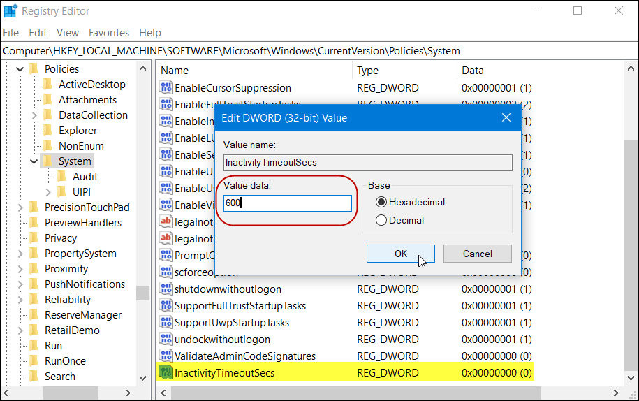 InaktivitetTimeoutSecs Registrering Windows 10 Home version