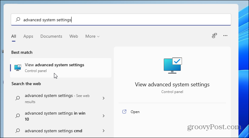 avancerede systemindstillinger Windows 11