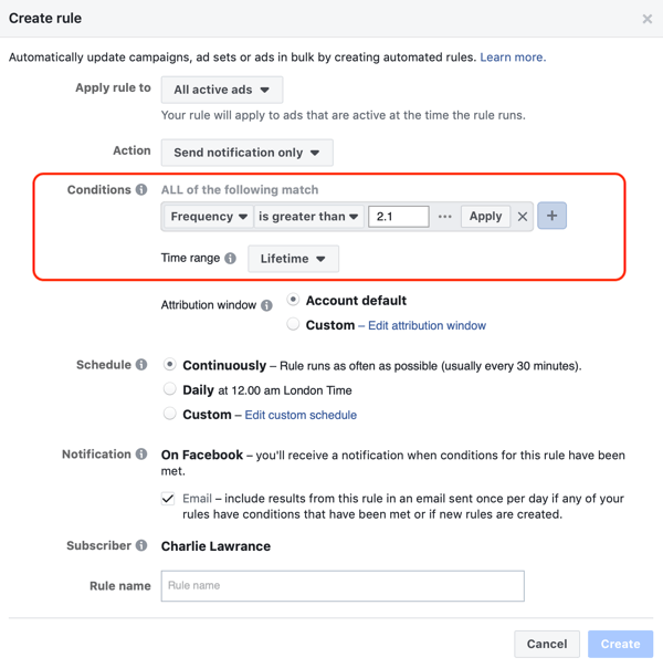 Brug automatiserede Facebook-regler, meddelelse, når annoncefrekvens over 2.1, trin 2, betingelser indstillinger
