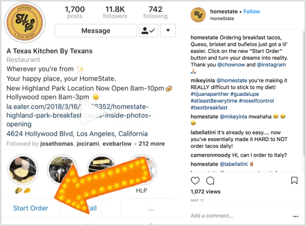 eksempel på Instagram-forretningsindlæg, der viser brugerne, hvordan man bruger handlingsknappen Start ordre