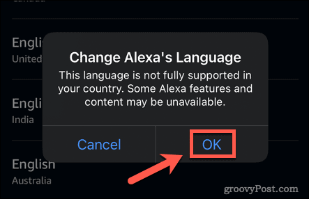 Alexa bekræfter sproget