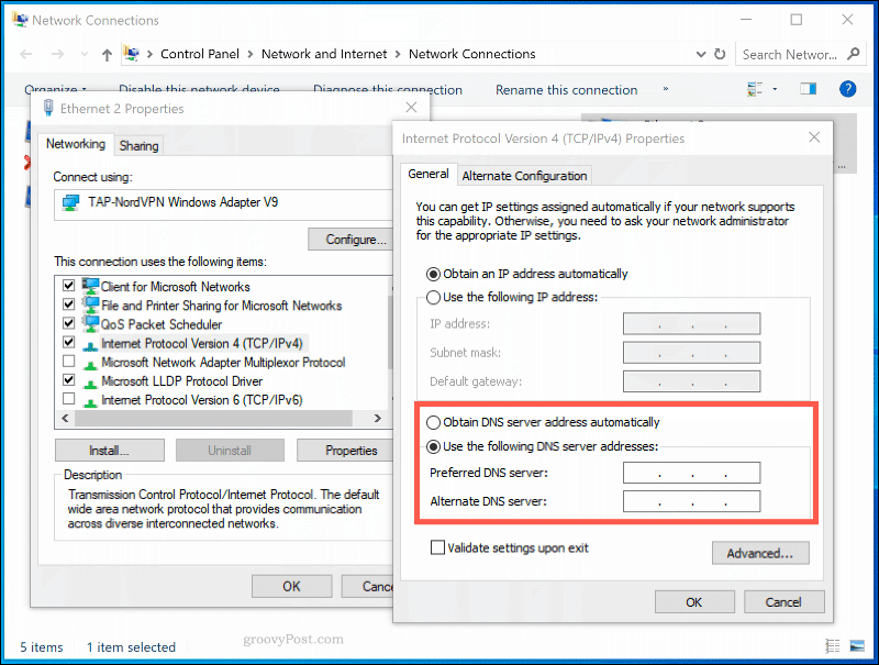 Vinduet DNS-indstillinger for en netværksforbindelse i Windows 10