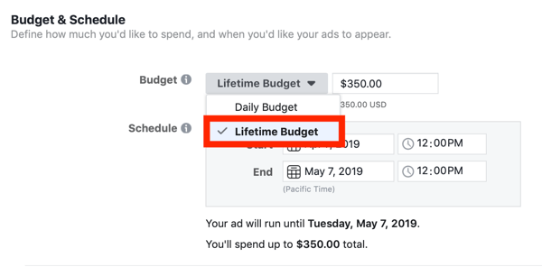 Tips til at sænke dine Facebook-annonceomkostninger, mulighed for at indstille kampagnebudget til levetidsbudget