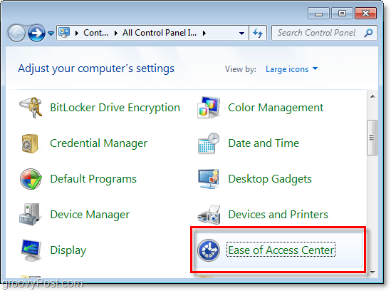 Gå ind i Ease of Access Center gennem Windows 7-kontrolpanelet