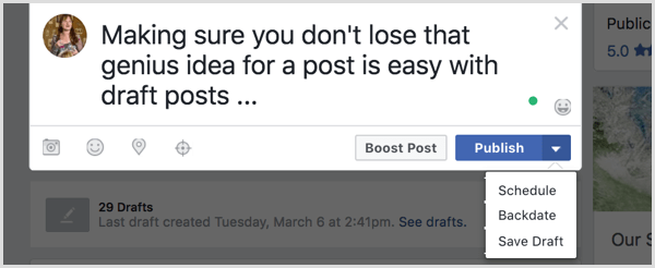 Gem dit Facebook-indlæg som et kladde.