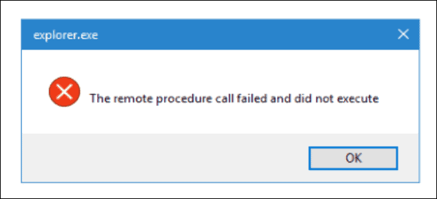 Et eksempel på en fejl med fjernprocedureopkald under lancering af File Explorer.