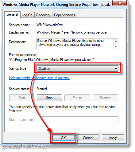 Windows Media Player-starttype deaktiveret