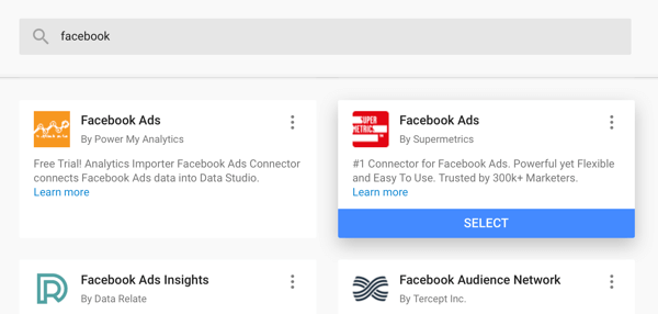 Brug Google Data Studio til at analysere dine Facebook-annoncer, trin 4, mulighed for at bruge Facebook Ads-stik fra Supermetrics som din datakilde