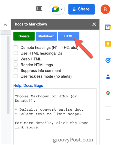 Konverter til HTML ved hjælp af Docs to Markdown i Google Docs